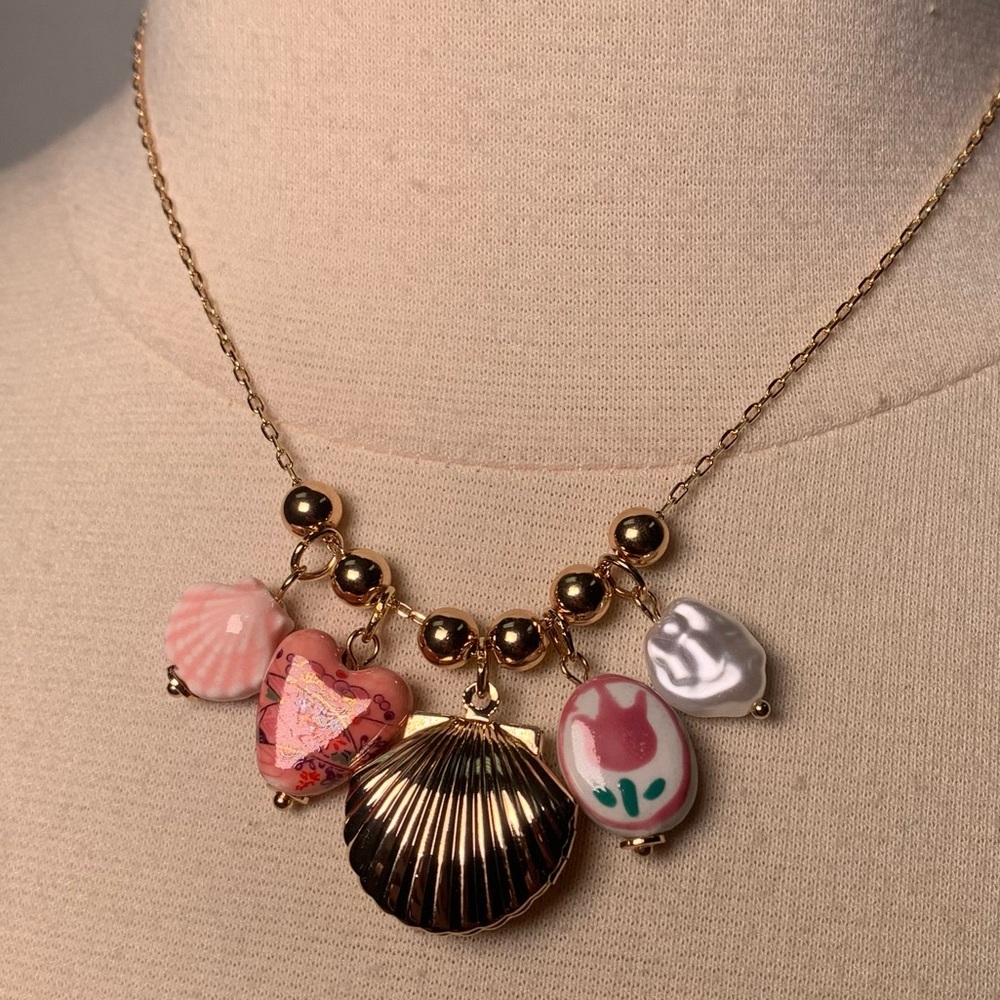 Brass Charm Necklace Summer Shell Gold and Pink Heart Flower faux pearl
